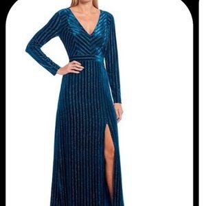 Badgley Mischka Striped Teal Velvet Gown 4 NWT